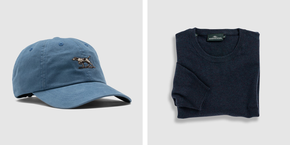 Blue men's cap and Rodd & Gunn's Queenstown merino sweater in navy.