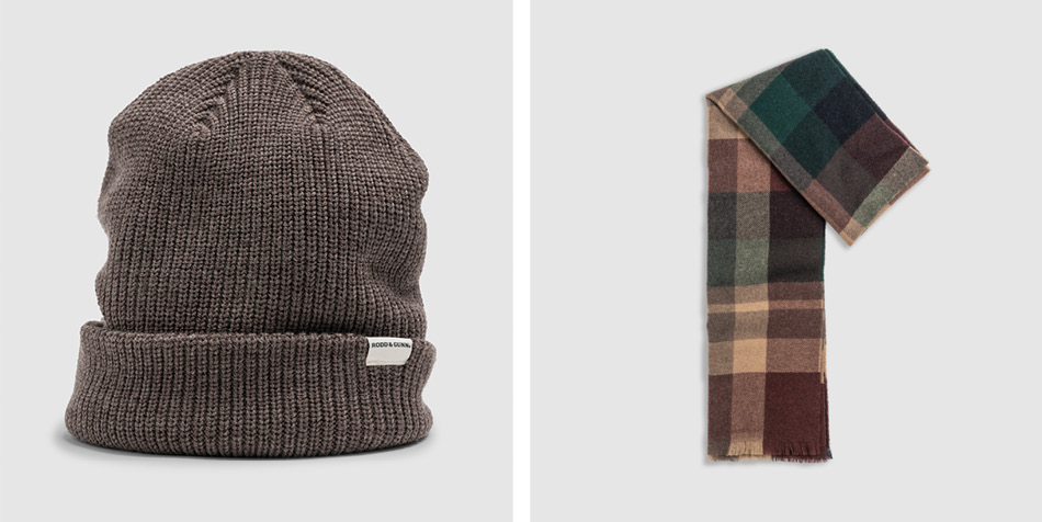 Men's knitted beanie and tonal patterned scarf.
