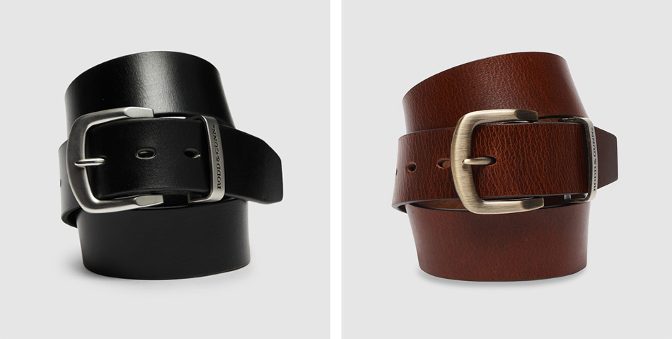 Men's leather belts in brown and black with silver hardwear.