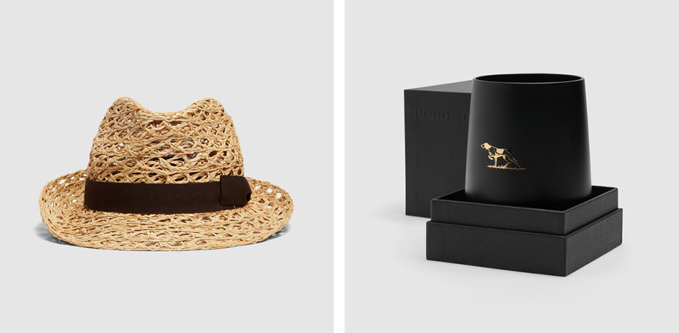 Men's straw hat and black Rodd & Gunn candle.
