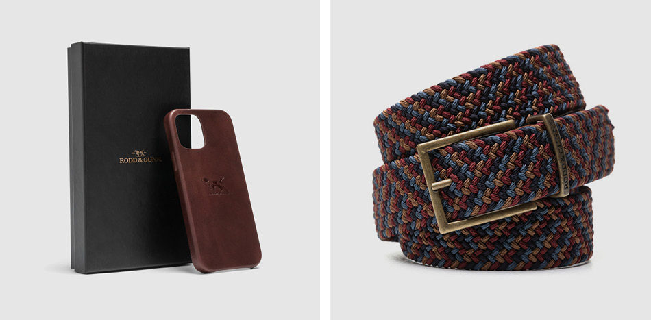 Brown leather phone case and men's woven multi-coloured belt.