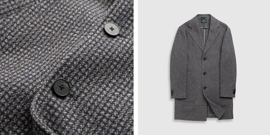 Grey mid-length men's Lakeside Coat with houndstooth pattern.