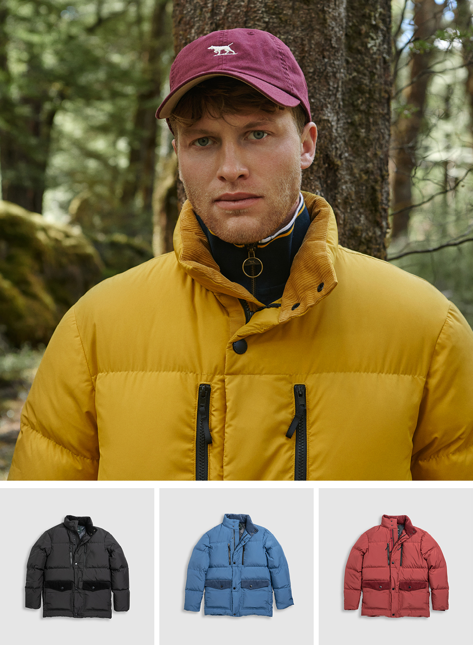Men's yellow puffer jacket and red signature cap.