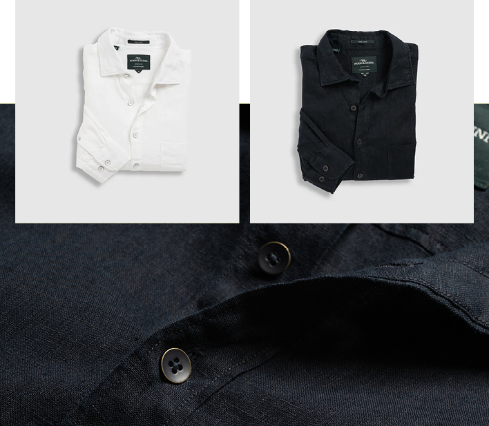 Men's long-sleeve linen shirts in white and dark navy.