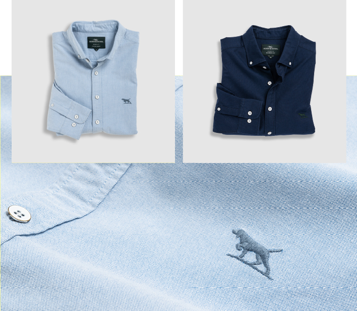 Men's long-sleeve button up Oxford shirts in pale blue and navy colours.