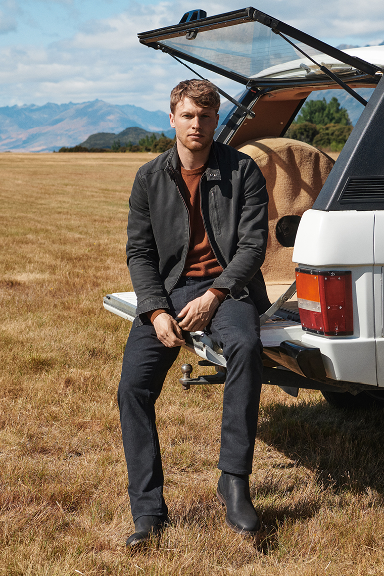 Talent on the back of a truck dressed in new-season Rodd & Gunn clothes.