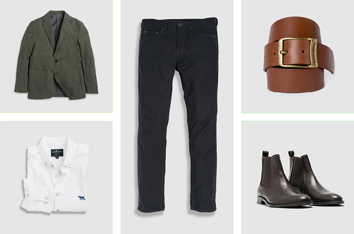 Men's green jacket, white shirt, black pants, brown leather belt and brown leather boots.