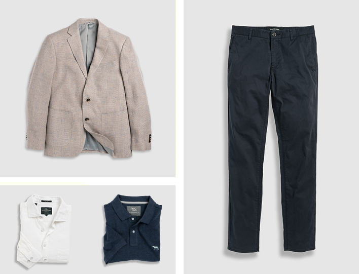 Men's linen jacket, long sleeve button up shirts, and dark chinos.