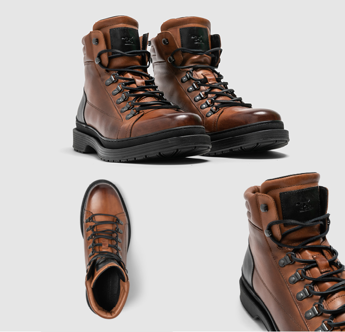 Men's brown leather high-top trek boots with black leather laces
