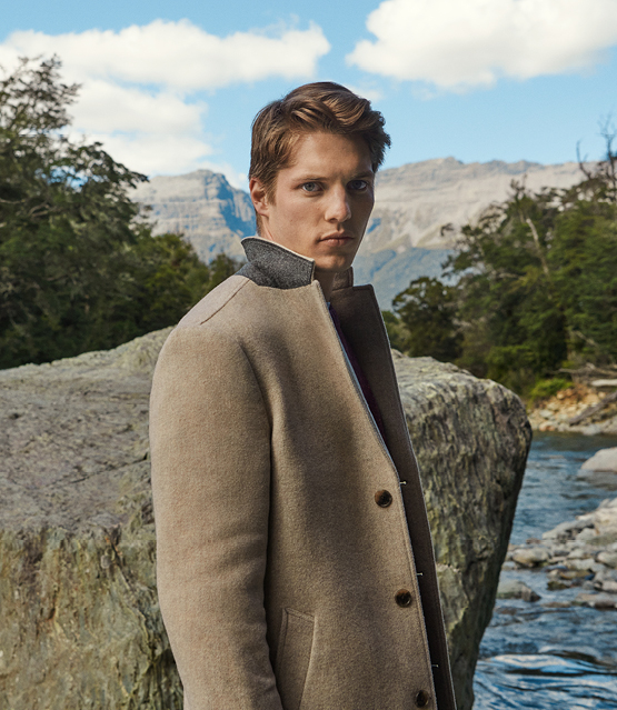 Rodd & Gunn's camel-coloured coat.
