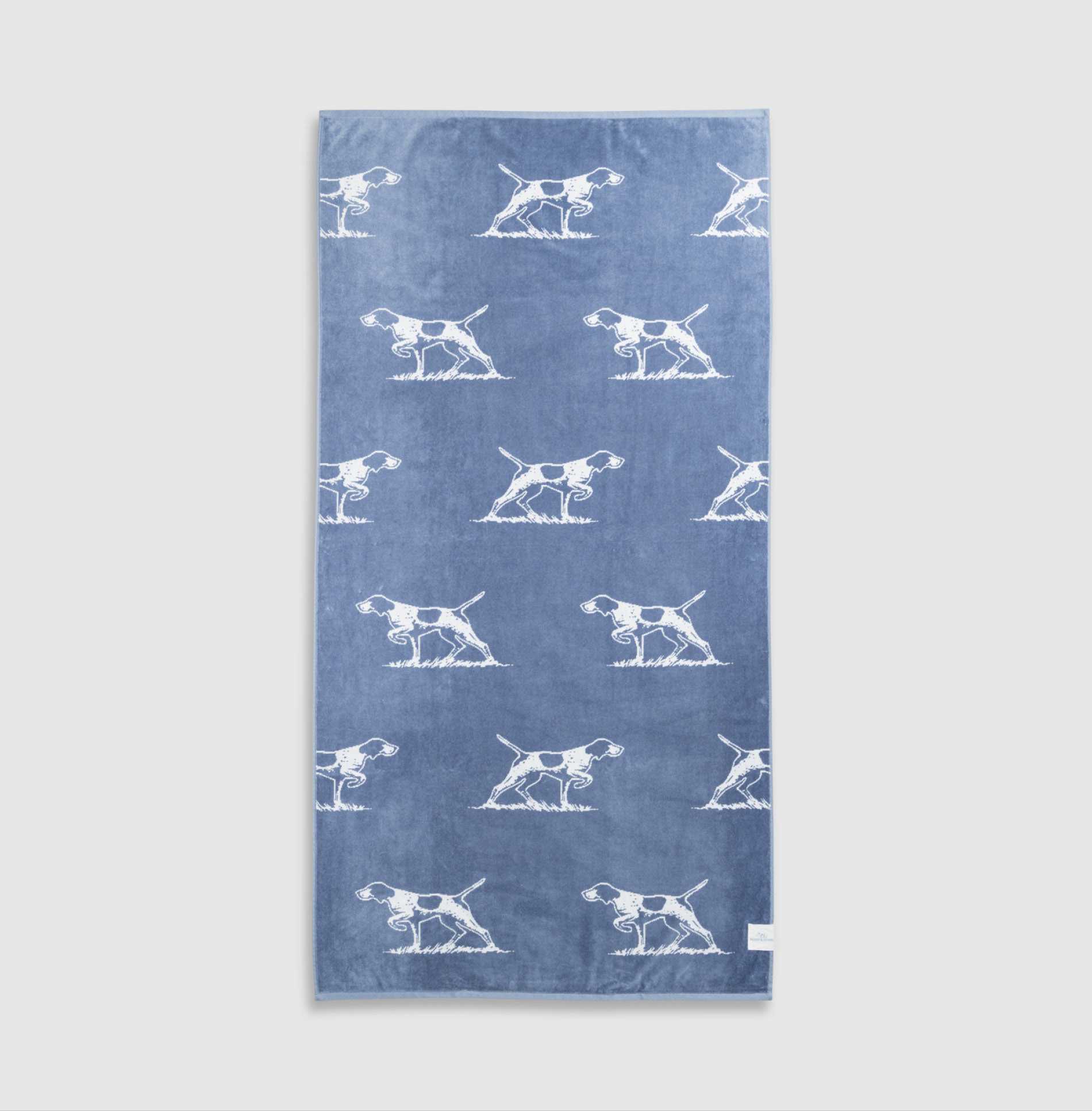 Rodd & Gunn blue beach towel with pointer dog print.