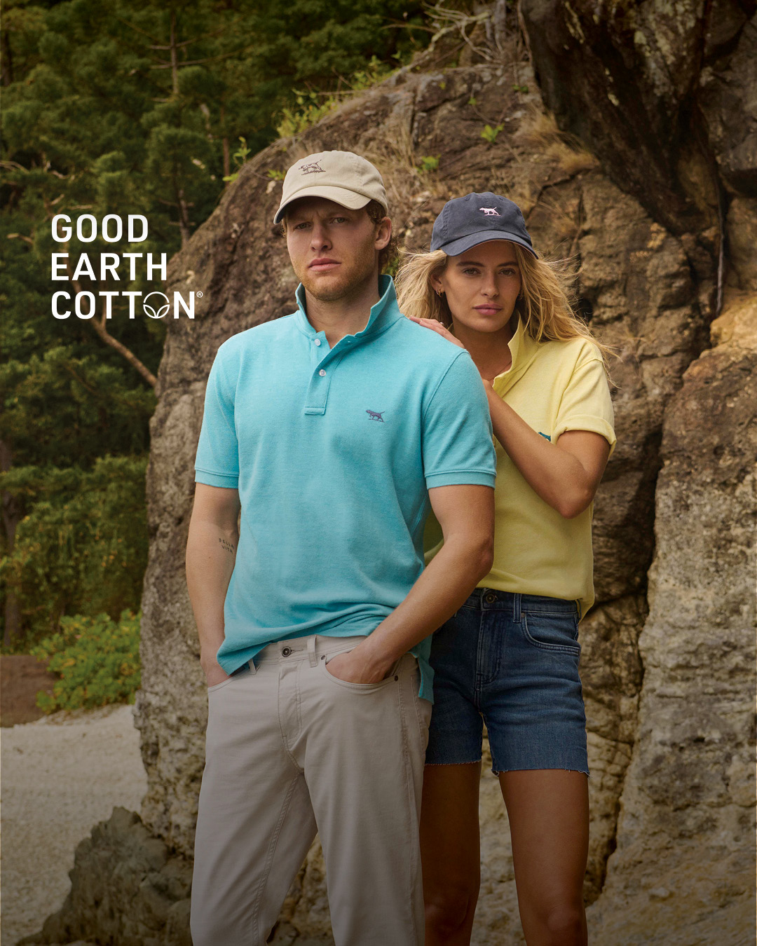 Two models with a rocky background wearing the Gunn polos