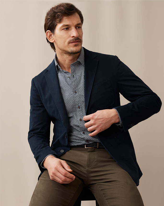Owen Valley Blazer. Text reads: Supima has more natural softness, stretch, strength, durability & rich long lasting color than any other cotton